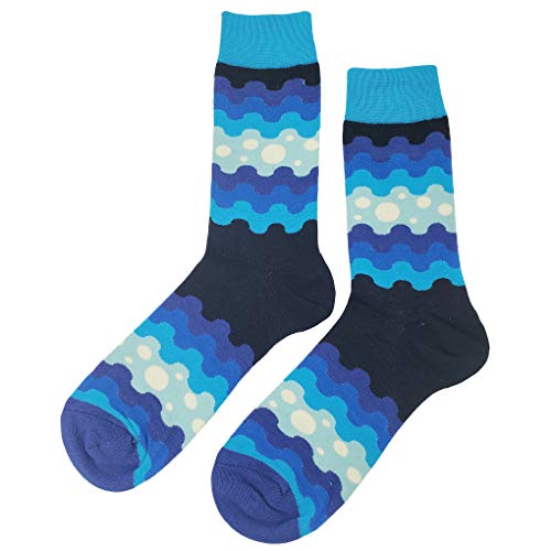 Blue Wave Pattern Dress Socks Funny Novelty Crazy Fun Design Men Size 8-12 Cotton Casual Crew Colorful Funky Fancy Socks Gift for Men