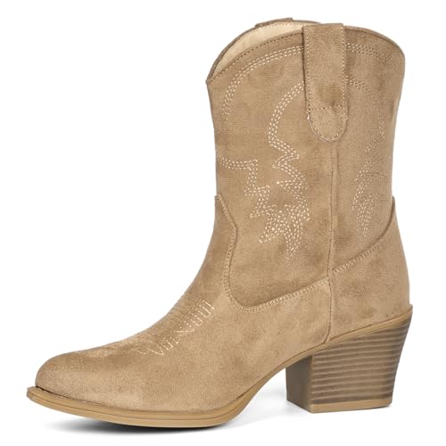 Image of IXU Cowboy Boots for Women Ankle Cowgirl Booties Wide Mid Calf Pointed Toe Western Boots Short Chunky Classic Booties