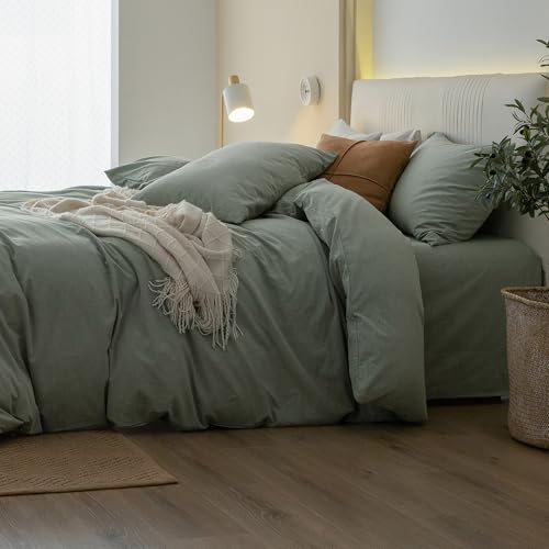 JIYUAN 100% Washed Cotton Duvet Cover Set 3 PCS Oversized King Plus, 1 Duvet Cover 128"x120"(Comforter Not Included) and 2 Pillowcases,Linen Feel Bedding Set Comfy and Breathable, Heathered Green