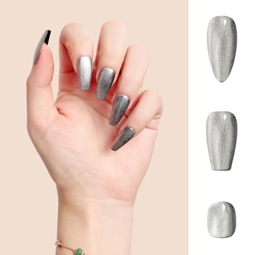 Sun&Beam Nails Handmade Press-on Medium Long Almond Black Silver Cat Eye Design Charming False Nail Tips 10 Pcs (#125 M) - Image 2