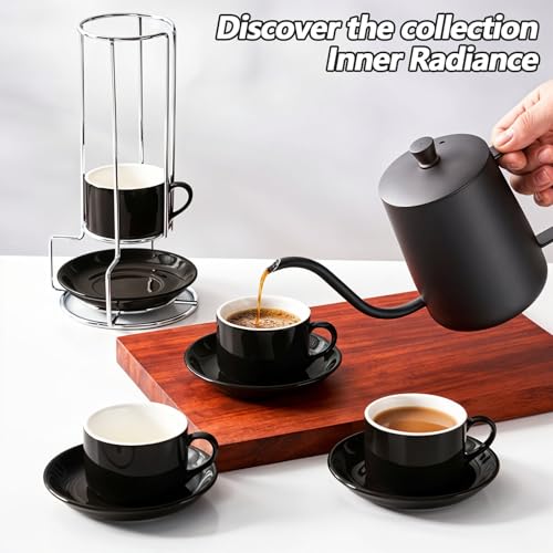 4x160ml Espresso Cups with Saucers and Metal Stand, Porcelain Cappuccino Cups, Stackable Expresso Coffee Cup, Stacking Mugs for Coffee Drinks, Latte, Americano, Tea and Cappuccino - Image 4