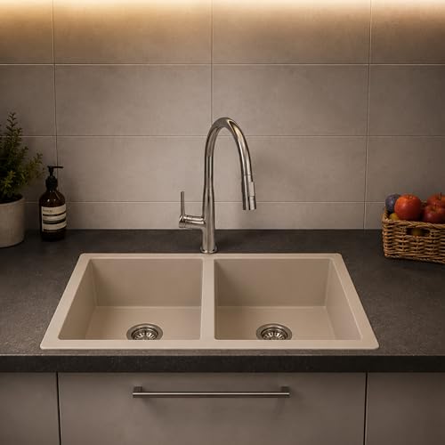 Image of Carysil DOLCE UK Quartz Kitchen Sink 34 x 20 x 8 inches, Single Bowl, 80% Quartz & 20% Resin, Heat Resistant 300C, 50kg Load, Scratch & Stain Resistant, Granite Sink, 304 SS Coupling - Cream