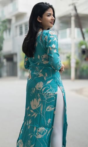 Image of Sun Fashion And Lifestyle Rayon Printed Straight Calf Length Kurta for Women | Kurti (KT68 Firozi)