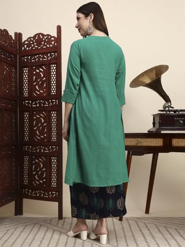 Image of idaLia Cotton Straight Kurta Set for Women with Palazzo 3 /4 Sleeve, Round Neck Designer Kurta with Palazzo Pant Set