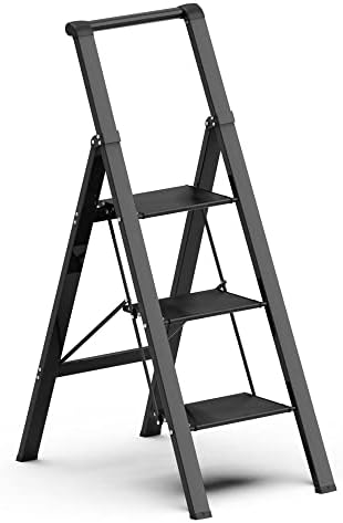 SOLADDER 3 Step Ladder, Slim Folding Steps Stool with Handrail, Lightweight Aluminum Alloy Foldable Black Ladder with Anti-Slip Wide Pedal, for Home, Kitchen, Office, Garage Use (330 lbs Capacity)