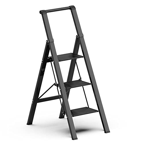 SOLADDER 3 Step Ladder, Slim Folding Steps Stool with Handrail, Lightweight Aluminum Alloy Foldable Black Ladder with Anti-Slip Wide Pedal, for Home, Kitchen, Office, Garage Use (330 lbs Capacity)