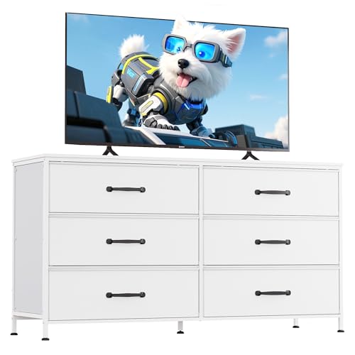 Image of WLIVE 6 Drawer Dresser for Bedroom Large, Fabric White Dresser TV Stand for 50, 55, 60 inch TV, Wide Long Chest of Drawers with Deep Drawer for Closet, Bedroom, Living Room, Hallway