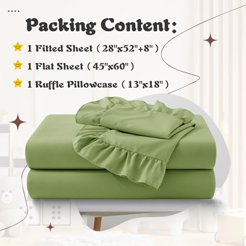 Image of KKJIAF 3 Piece Toddler Sheet Set Microfiber, Includes a Flat Sheet, a Fitted Sheet and a Ruffle Pillowcase, Sage Green