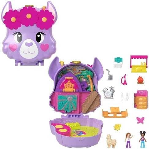 Polly Pocket Biwakowa lama Zestaw kompaktowy z 2 mikrolalkami i 13 akcesoriami, świat Polly Pocket, zabawki podróżne z niespodziankami, HKV33