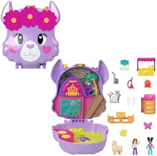 Polly Pocket Biwakowa lama Zestaw kompaktowy z 2 mikrolalkami i 13 akcesoriami, świat Polly Pocket, zabawki podróżne z niespodziankami, HKV33
