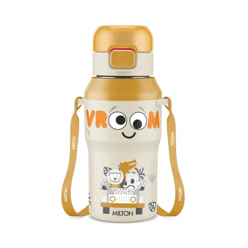 Image of Milton Steel Helio 400 Thermoware Water Bottle 370 ml with One Touch Safety Lock & Twin Lid Sip or Gulp, Long Hours Hot & Cold, Leak Proof, ISI Certified, PU Insulated, for Kids, Gym, School, Brown