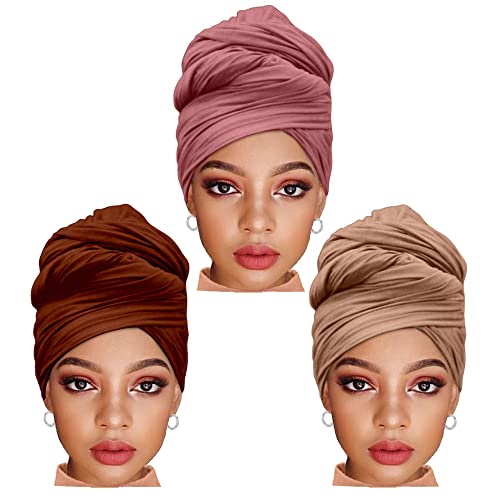 ZRQ 3 Pieces Stretch Turban Knit Headwraps African Women's Hijab Muslim Soft Breathable Hair Scarf Tie Apply for Locs Braid Headband Fashion Women Hijab (Camel,Dark Pink,Coffee)