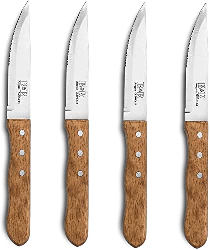 B&R ANGUS Steakmesser Set, 4 teilig, Pizzamesser Set, Steakmesser Holzgriff, Besteck Set für Steak, Pizza & Gegrilltes, 2Cr14 Messerstahl rostfrei, Steakmesser