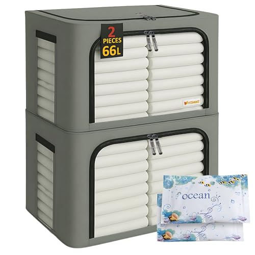 FENIXE_Contenitori Per Armadio Salvaspazio 66L, Grigio - Scatole Portaoggetti Confezione da 2 - Organizer Armadio Con Finestre Trasparenti Impilabile, Pieghevole, Resistenti all’Acqua 2x66L Grigio