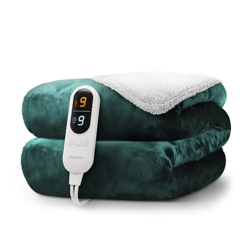 KEPLIN Large Electric Heated Throw Blanket - Electric Heated Blanket Throw for Bedspread 9 Heat Settings & Timer, Machine Washable Fleece Wool Duvet with 1 Year Warranty - Emerald Green/Cream Sherpa