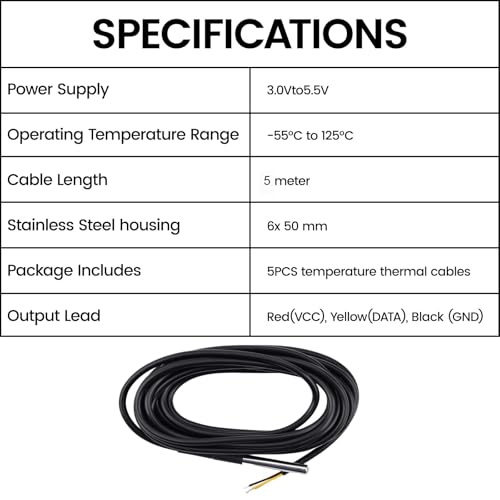 Aideepen 5 Stuck Temperatursensor, 5m Kabel Wasserdicht Temperaturfühler digitaler Edelstahl Temperatursensor kompatibel mit Arduino und Raspberry Pi inklusive E-Book, kompatibel mit Shelly