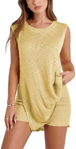 Womens Knit Pajamas Sets 2 Piece Outfits Casual Sleeveless Sweater Tank Top Shorts Loungewear Lounge Sets