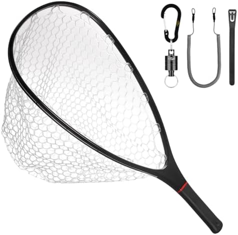 SF Fly Fishing Stealth Carbon Fiber Landing Net Soft Silicone Rubber Mesh Steelhead Catch and Release Net with Black Magnetic Net Release Combo Kit