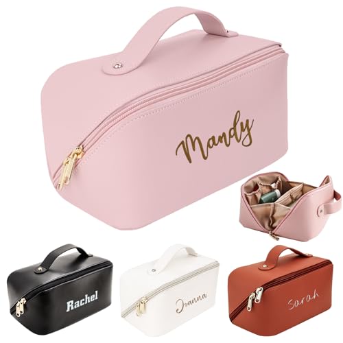 Personalized Large Capacity Cosmetic Bag, Embroidered Makeup Bag with Name, Portable Waterproof PU Leather Makeup Bag, with Divider and Handle, Travel Makeup Bag, Gifts for Women, Mom, Bridesmaids (Embroidery)