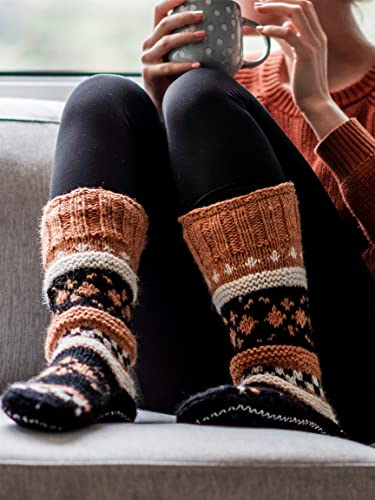 Tibetan Socks Hand Knit Wool Fleece Lined Long Slipper Socks with Non Slip Soles (Rose Gold, M)