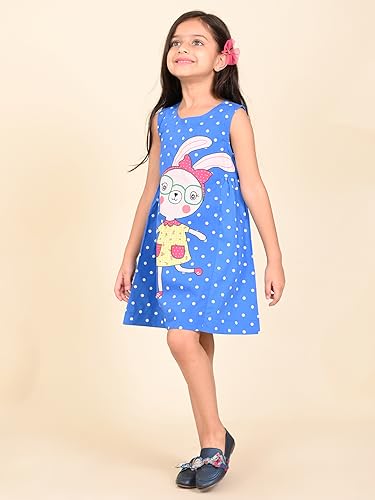 Image of LILPICKS Rabbit Polka Printed Sleeveless Fit n Flare DressFor Girls (Blue)