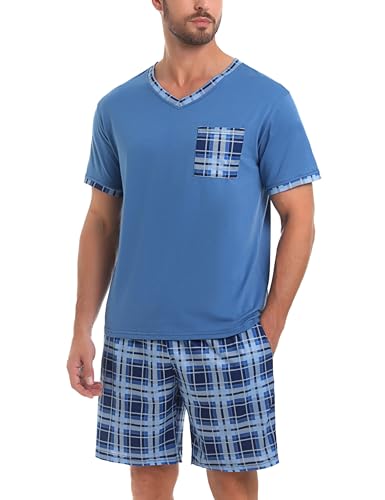 Aseniza Pigiama Corto Estivo da Uomo Pigiama Uomo in Cotone a Due Pezzi a Maniche Corte con Scollo a V con Pantaloncini da casa Scozzesi(1-Blu Reale,XL)