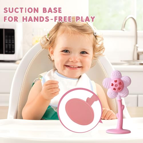 Image of Baby Teething Toys 3-6 Months, Teether and Sensory Rattle for Babies 0-6 Months, Food Grade Silicone Teethers 6-12 Months, Infant Teething Relief Chew Toys, Sunnyflower Teether Toy BPA Free - Pink