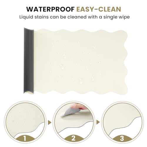 Image of PU Leather Desk Pad, Scalloped Non-Slip Mouse Pad & Large Desk Mat Cover Stitched Edges Writing Pad for Office, Home - Waterproof, Easy to Clean, Durable Surface I 31.4 inchx15.7 inch, Off-White