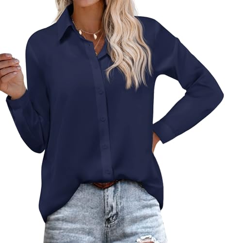 Hotouch Bluse Damen Langärmliges büro Shirt Sommer V-Ausschnitt Hemd Einfarbig Modern Oberteile Button-Down Lässige Basic Tops Navy S-XXL