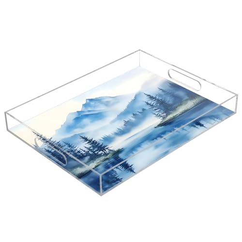 BOESI Watercolor Mountain Landscape Pattern Acrylic Decorative Dining Tray, Acrylic Decorative Tray Organizer with Handle for Kitchen, Dining Room, Bathroom, Dresser