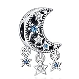 PAGOGO Jewelry Blue Sparkling Star Crescent Moon Charm for Bracelets and Necklaces 925 Sterling Silver with Cubic Zirconia,Mother's Day Birthday Gift for Women Girls