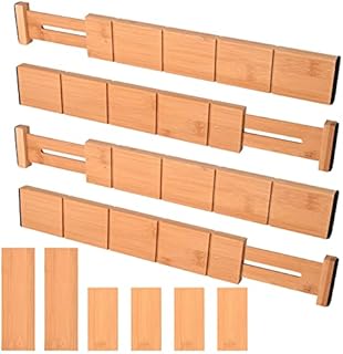 4PCS Bamboo Drawer Dividers Adjustable Drawer Organisers 13.39"-16.93" Spring Loaded Kitchen Utensil Organizer for Kitchen, Dresser, Bedroom, Bathroom and Office (4pcs Dividers+6pcs Baffle)