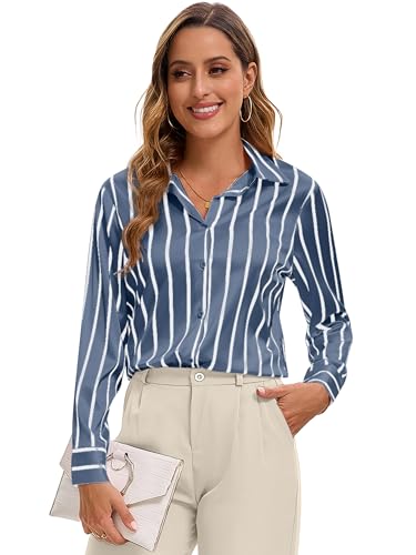 Image of Premium Soft Breathable Stretch Satin Silk Button Down Shirts for Women Long Sleeve Leopard Blouses Work Dress Tops