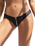 comeondear Women Faux Leather Zipper Panties Plus Size Mesh Back Bikini Underwear Black Low Rise Thong G-string Lady Tanga