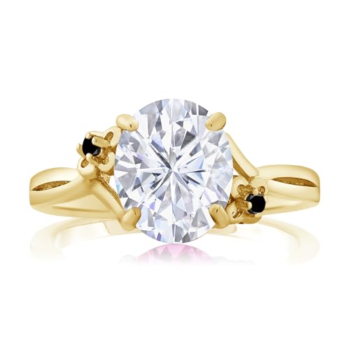 Gem Stone King 18K Yellow Gold Plated Silver White Moissanite and Black Diamond 3 Stone Ring For Women (3.03 Cttw, Oval 10X8MM, Gemstone Birthstone, Available In Size 5, 6, 7, 8, 9)2
