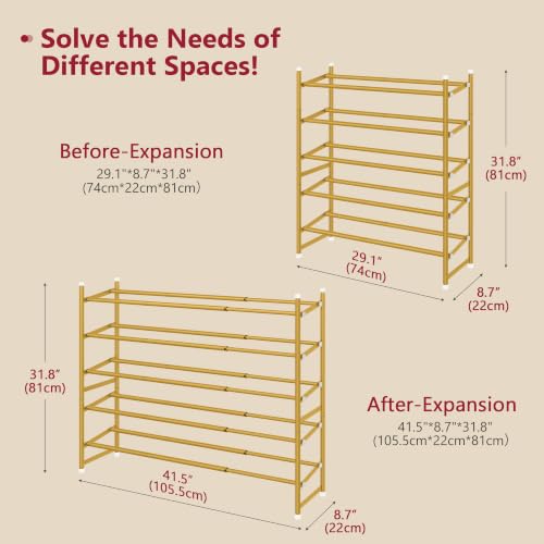 Image of Tajsoon Expandable Shoe Rack for Closet 5 Tier, 28 inch-41 inchStackable, Gold