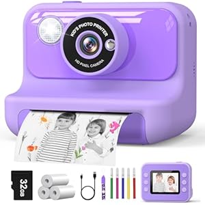 Hangrui Kids Camera Instant Print, 2.4'' Instant Camera for Kids, 1080P Children Cameras with 32GB Card & 3 Rolls Photo Paper, Christmas Birthday Gifts Toys for Girls & Boys Aged 3-12 -Purple