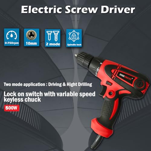 Image of Inditrust 500W Electric Screwdriver Drill Machine 10mm with Variable Speed, 100% Copper Winding Motor, Reversible Power Drill, Wood Metal Wall, Home DIY Tool with 6 Months Warranty
