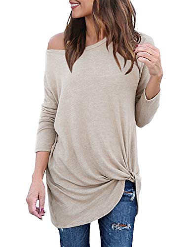 Lookbook Store Women's Casual Soft Long Sleeves Loose Fit Knot Side Twist Knit Blouse Top Shirts Apricot Size S