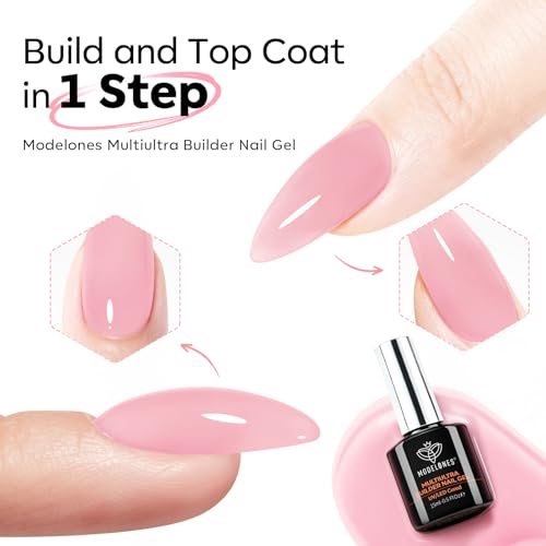 Image of modelones Builder Nail Gel, Sheer Pink Builder for Nails No Top Coat Needed, Glossy Jelly Finish Light Pink, C-Curve Sculpting, No-Wipe, 9-in-One LED Lamp Cured Color Rubber Base Gel Polish
