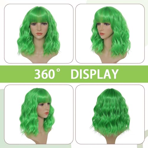 Image of Pastel Grass Green Wavy Bob Wig for Women, Short Shoulder Length Synthetic Wig with Bangs, Matte Natural Realistic Look Lightweight Hairpiece, Green Color for Daily Wear & Cosplay Costume