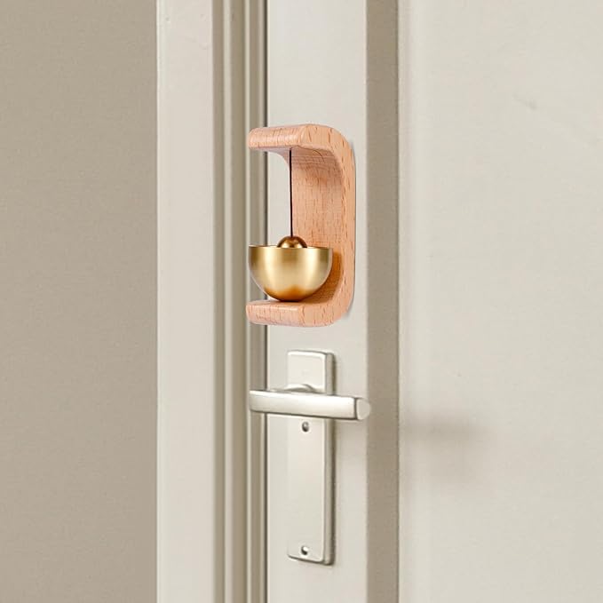 MaDriC 1pc Wooden Door Bell with Brass Bowl |C-Shaped Design| Mechanical Chime for Home Entry|Magnetic Japanese Style Doorbell Suction Store Entrance Alert| Hanging Bell for Doors Window 2