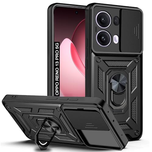 Image of AESTMO Tough Armor Oppo Reno 13 Pro 5G Bumper Back Case Cover | Ring Holder & Sliding Camera Shield Cover | 360 Degree Protection Back Case Cover for Oppo Reno 13 Pro 5G (Black)