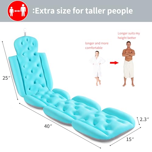 Full Body Bath Pillow for Bathtub Plus Size, Bath Pillows for Tub with Mesh Laundry Bag & Non-Slip Suction Cups, 3D Air Mesh & Quick Drying Ocean Blue