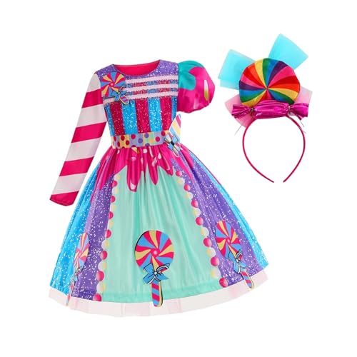 JISADER Vestido de caramelo para niñas Vestido de princesa Disfraz de caramelo Cuello redondo Vestido Vestido de arco iris para juegos de rol para, 130