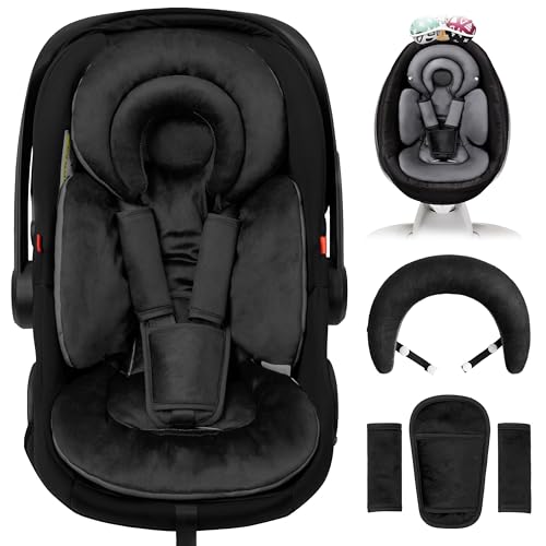 Image of TinlyFinly Infant Car Seat Insert with Removable Cushion for Preemie to Toddler, Reversible Newborn Carseat Insert for Baby Head Body Support, Fits for Stroller, Baby Swing, Bouncer (Pure Black)