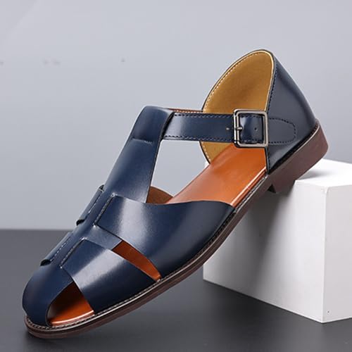 Image of Men's Leather Hollow Flat Fisherman Sandals with Buckle Comfortable Round Toe Breathable Low Heel Non-slip Roman Sandals for Leisure, Work, Driving