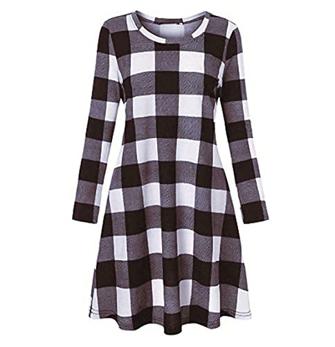 TrendyFashion Damen-Tunika-Kleid mit Karomuster, warmer Druck, langärmelig, Swing-Skaterkleid, Größe 36-54, Schwarz (Tartan), 42/44