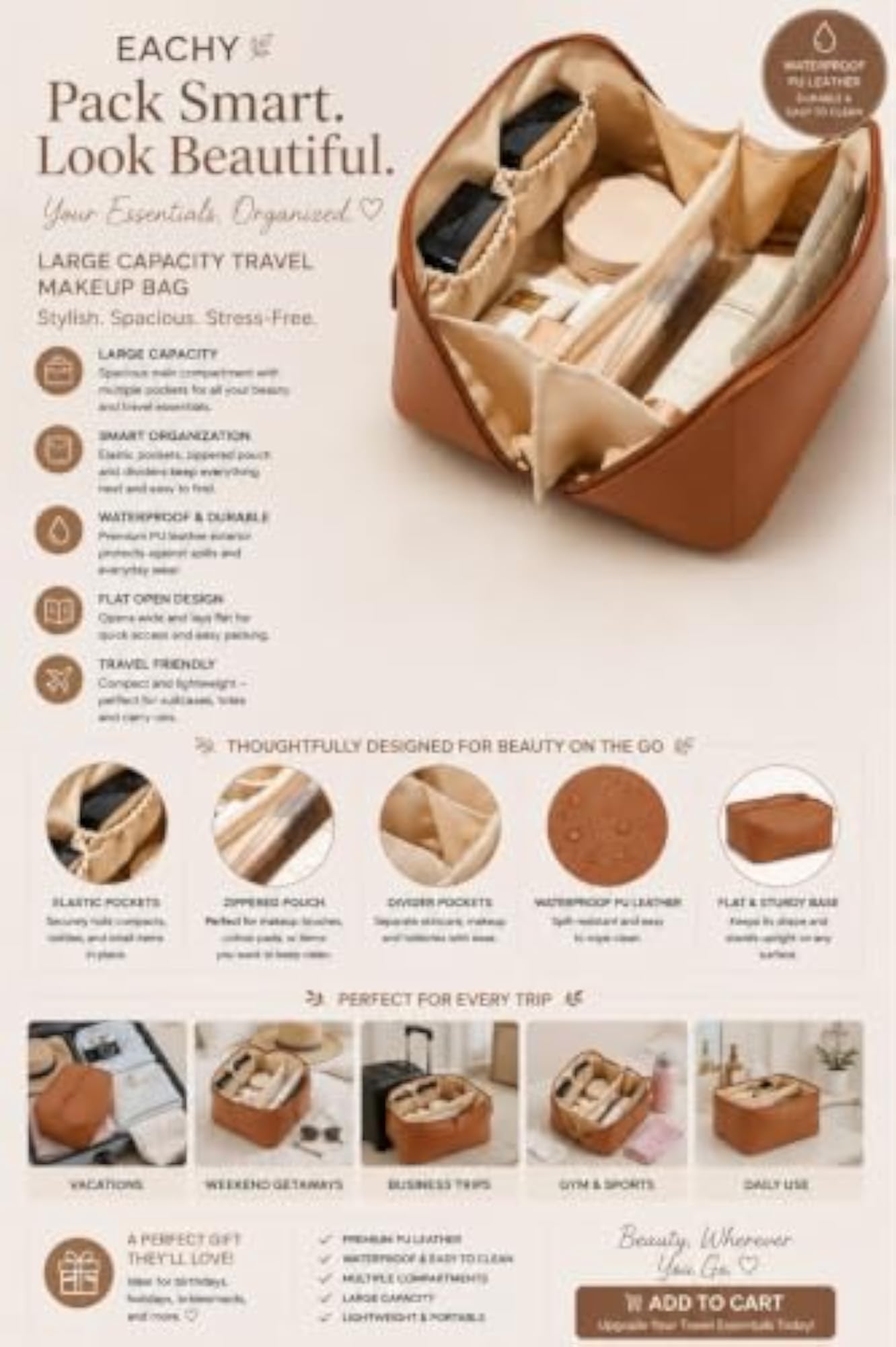 Large Capacity Waterproof Travel Cosmetic Bag, Brown