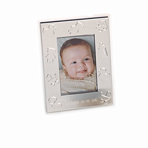 Portafoto metal con simbolos de bebe. Grabado con nombre y fecha. Pack...